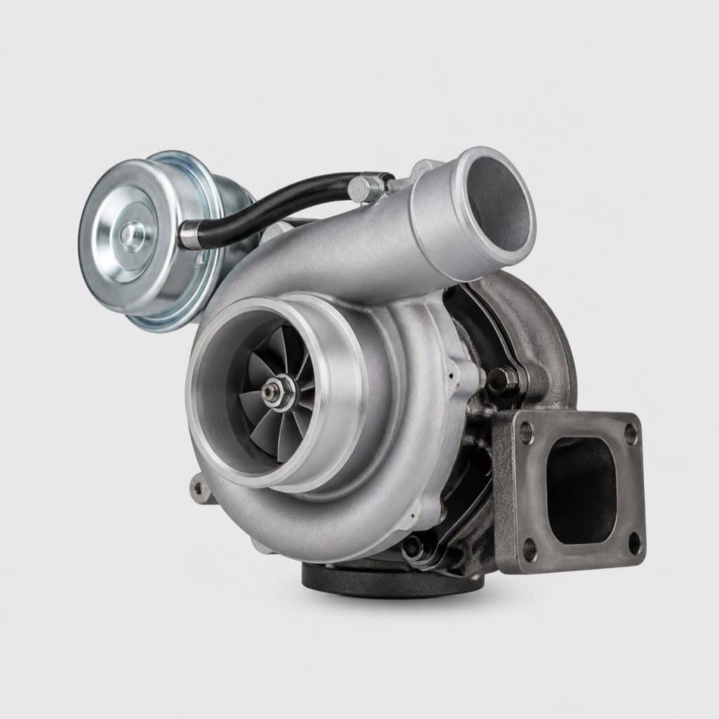 Petit turbocompresseur complet présenté seul sur fond neutre